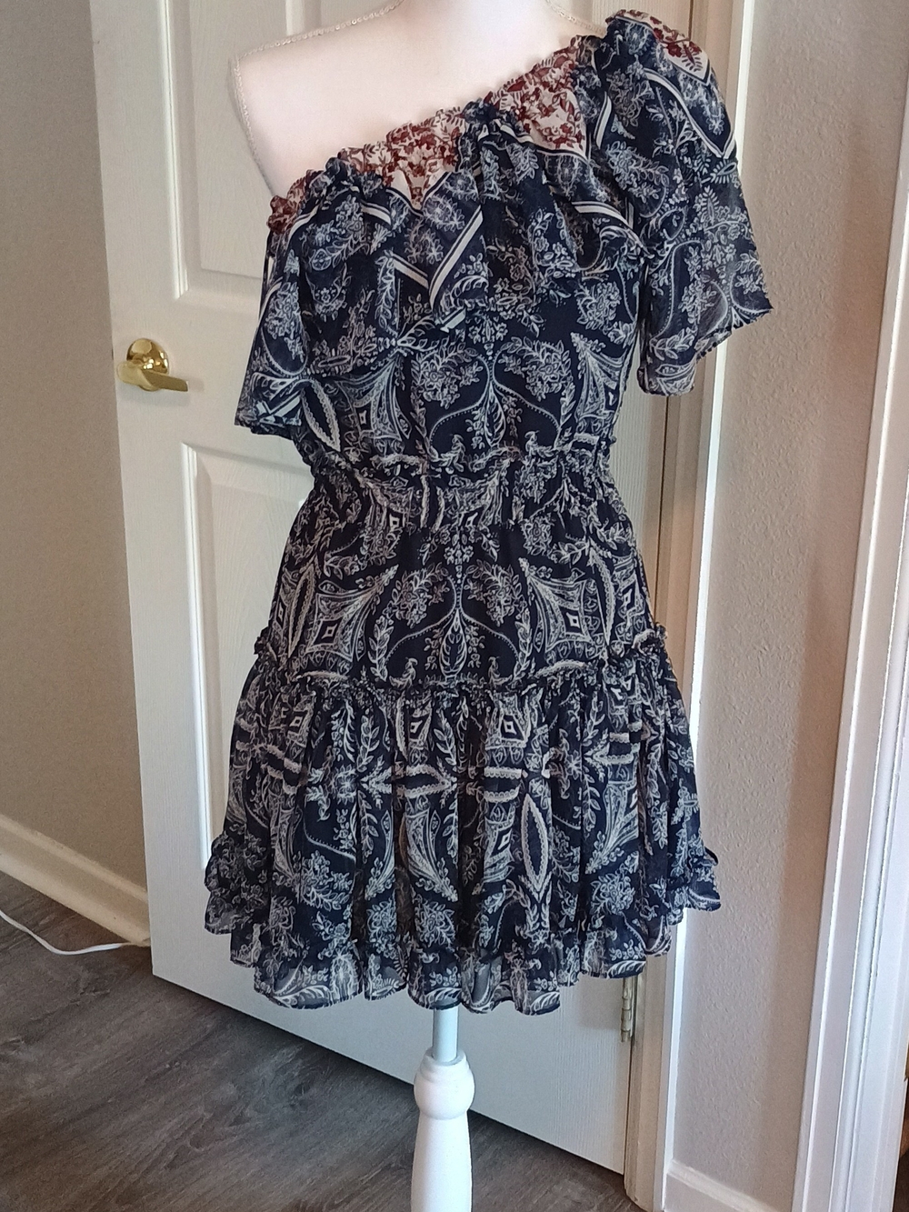 Misa Los Angeles Navy and White One-Shoulder Paisley Dress
